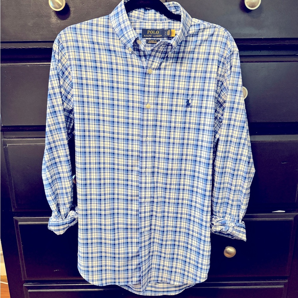 Polo Ralph Lauren Men's Long Leeve Button Up Shirt, Blue and White